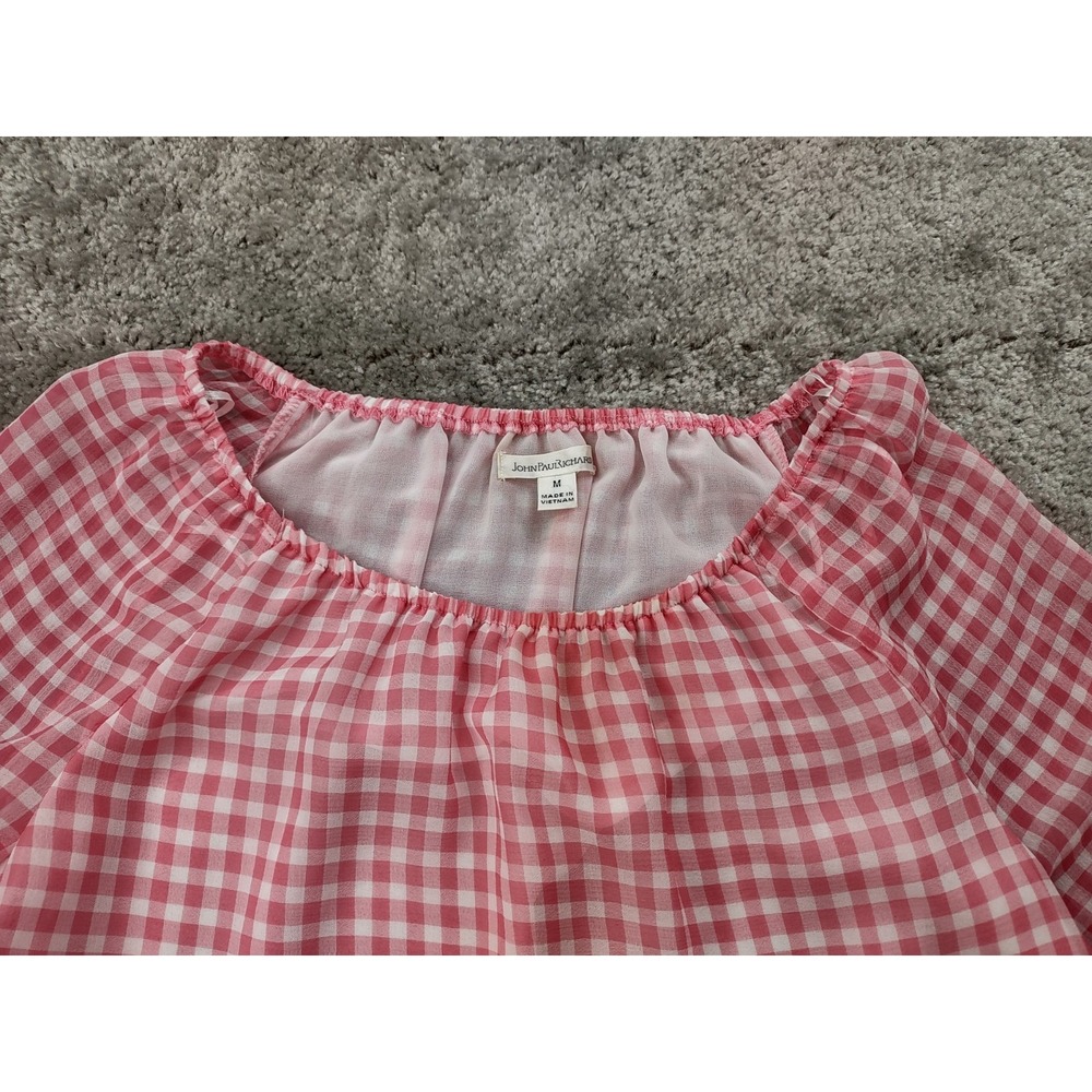 JOHN PAUL RICHARD WOMENS PINK PLAID LAYERD BELL SLEEVE RUFFLE BOTTOM TOP MEDIUM - Picture 5 of 10
